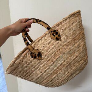 POOLSIDE Woven Beach Bag with Leather Cheetah Print Handle